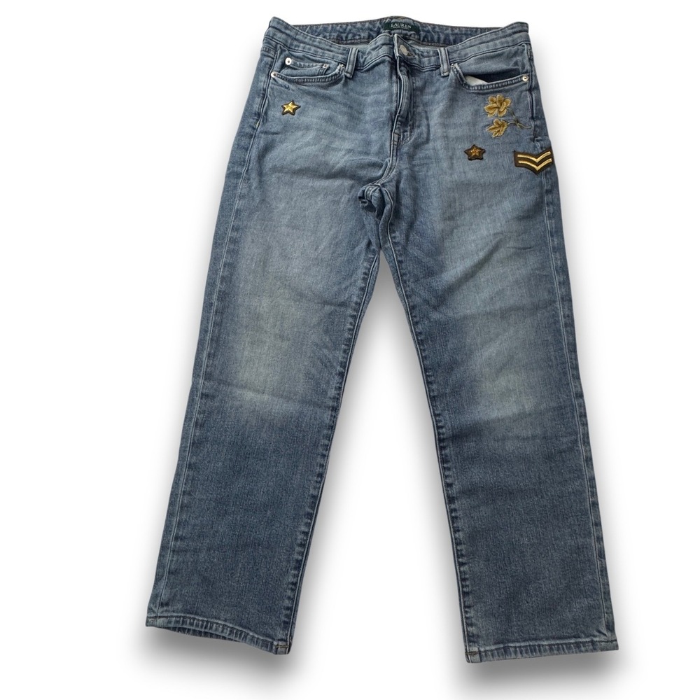 Lauren Ralph Lauren Women 12 Blue Straight Leg Jeans Embroidered Patch Military